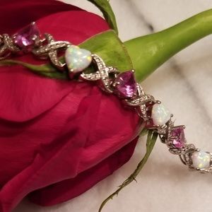 Opal & Pink Heart Sapphire Silver Tennis Bracelet